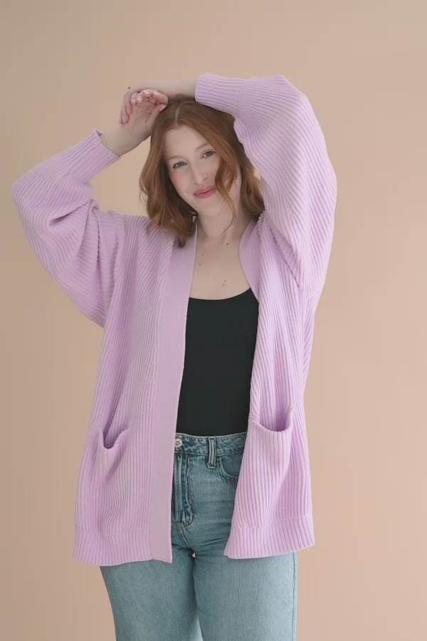 Video of female modeling the Chunky Knit Women's Oversized Cardigan in Thistle
