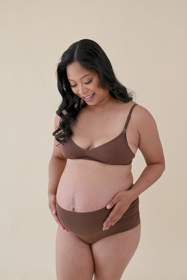Video of pregnant woman modeling toffee high waisted brief and nursing bra