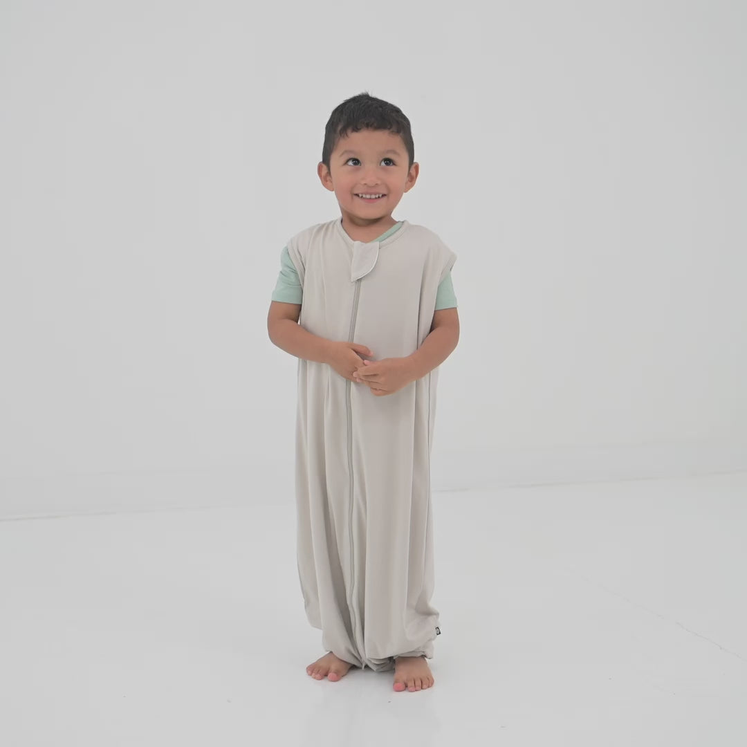 Video of model wearing the Sleep Bag Walker in Oat 0.5