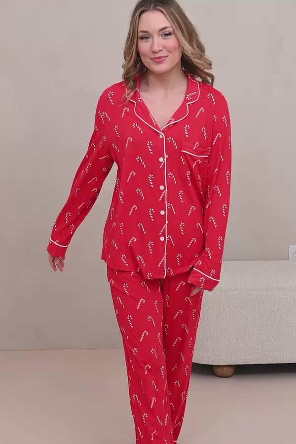 Video of female modeling the Long-Sleeved Women's Pajama Set in Candy Cane