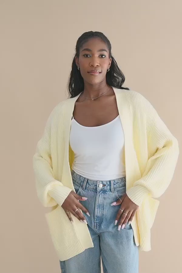Video of model wearing the Chunky Knit Women's Oversized Cardigan in Chamomile