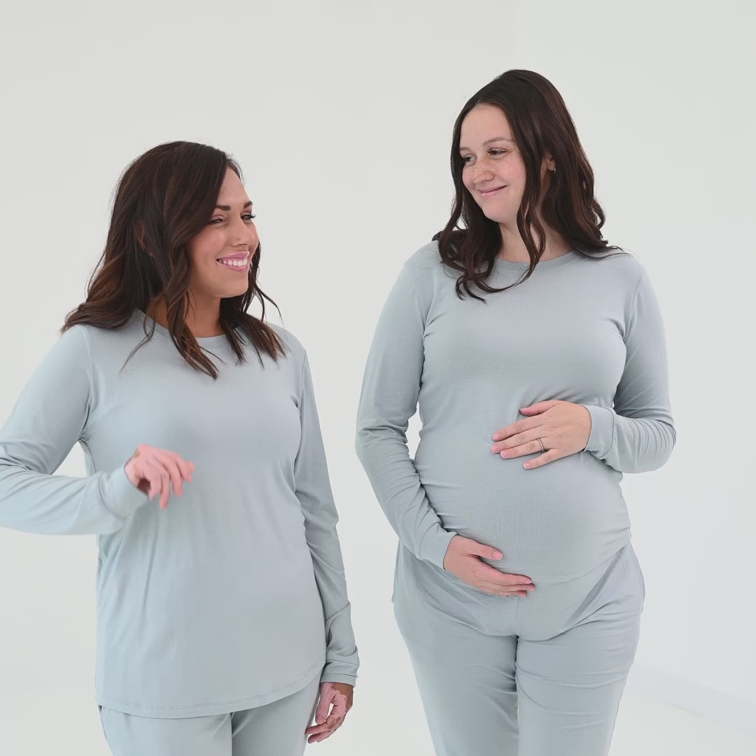 Video of women wearing Kyte Baby women's jogger pajama set in Fog