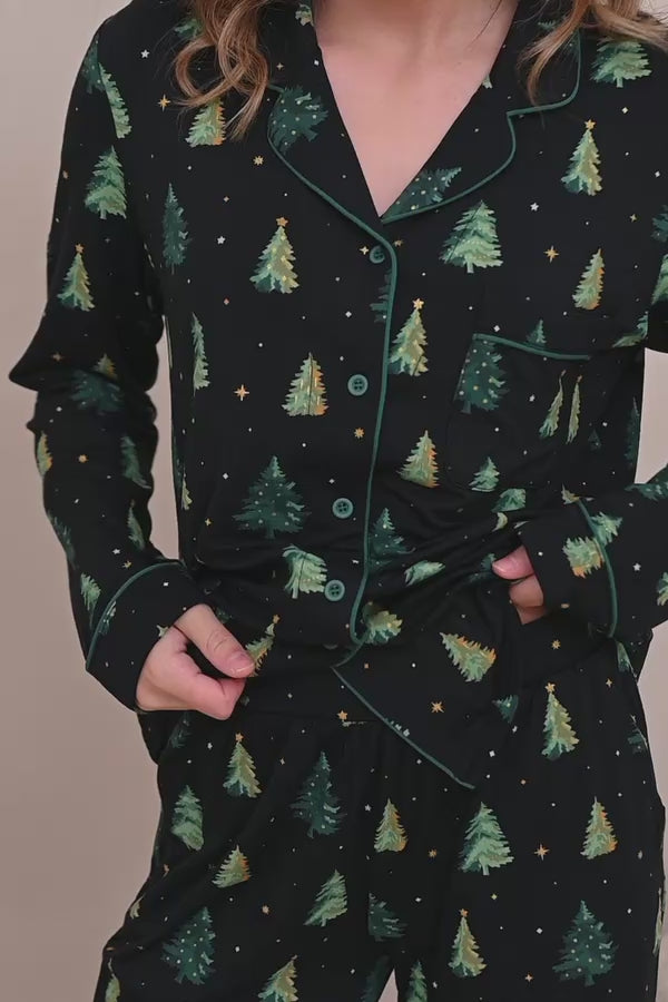 Video of female modeling the Long-Sleeved Women's Pajama Set in Twinkle Tree