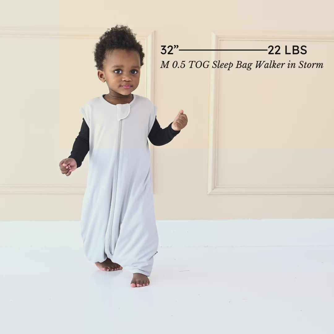 Video of model wearing the Sleep Bag Walker in Storm 0.5