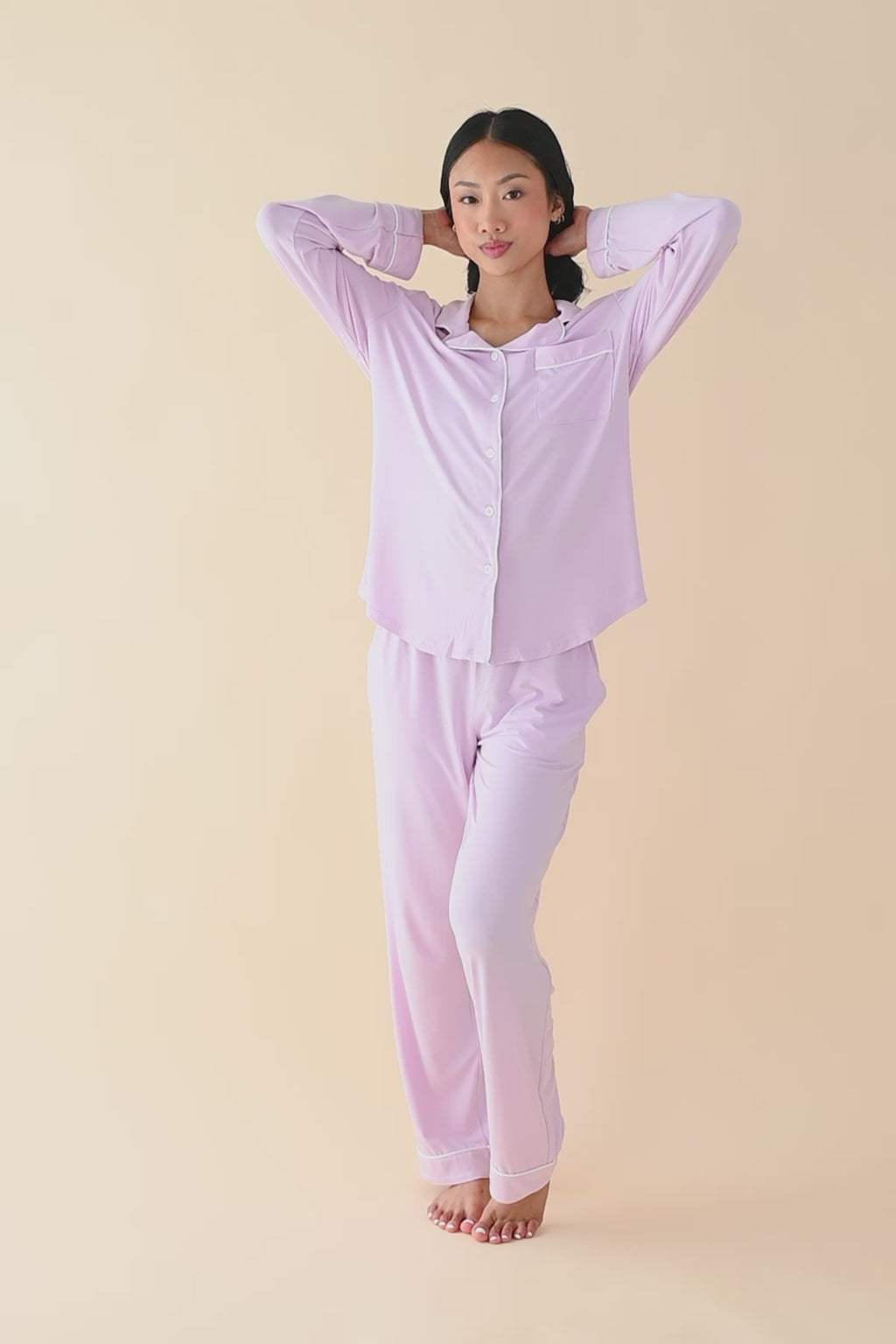 Video of female modeling the Long-Sleeved Women's Pajama Set in Thistle