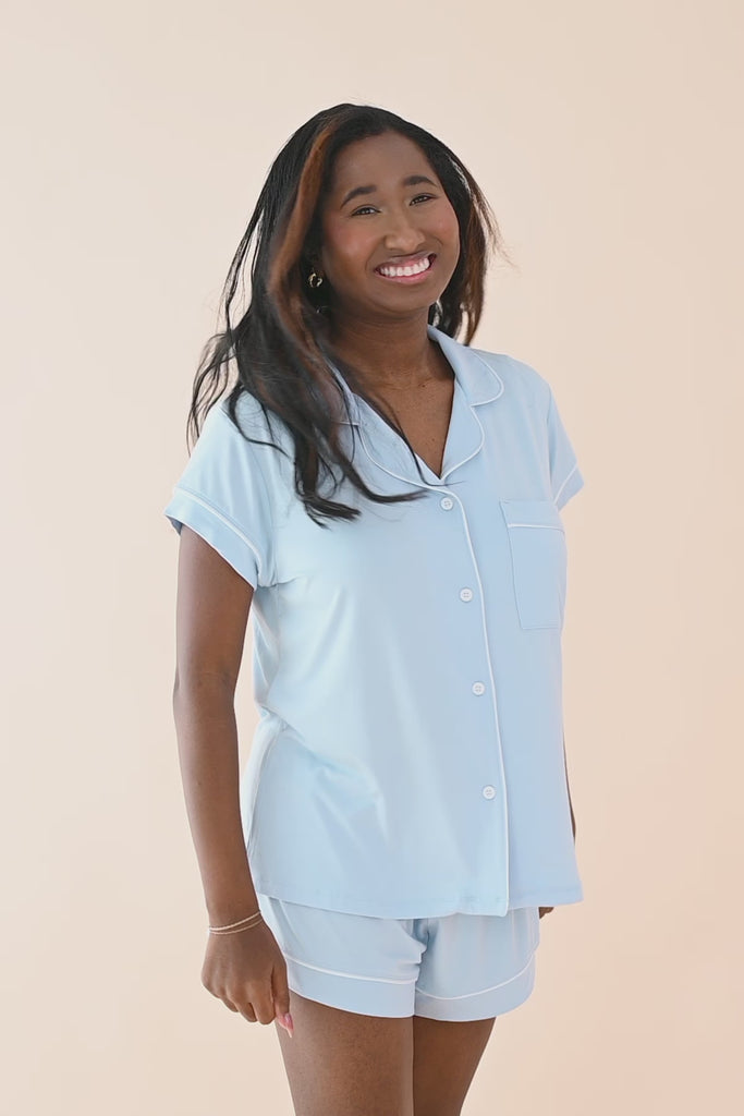 Video of female modeling the Women's Short Sleeve Pajama Set in Breeze