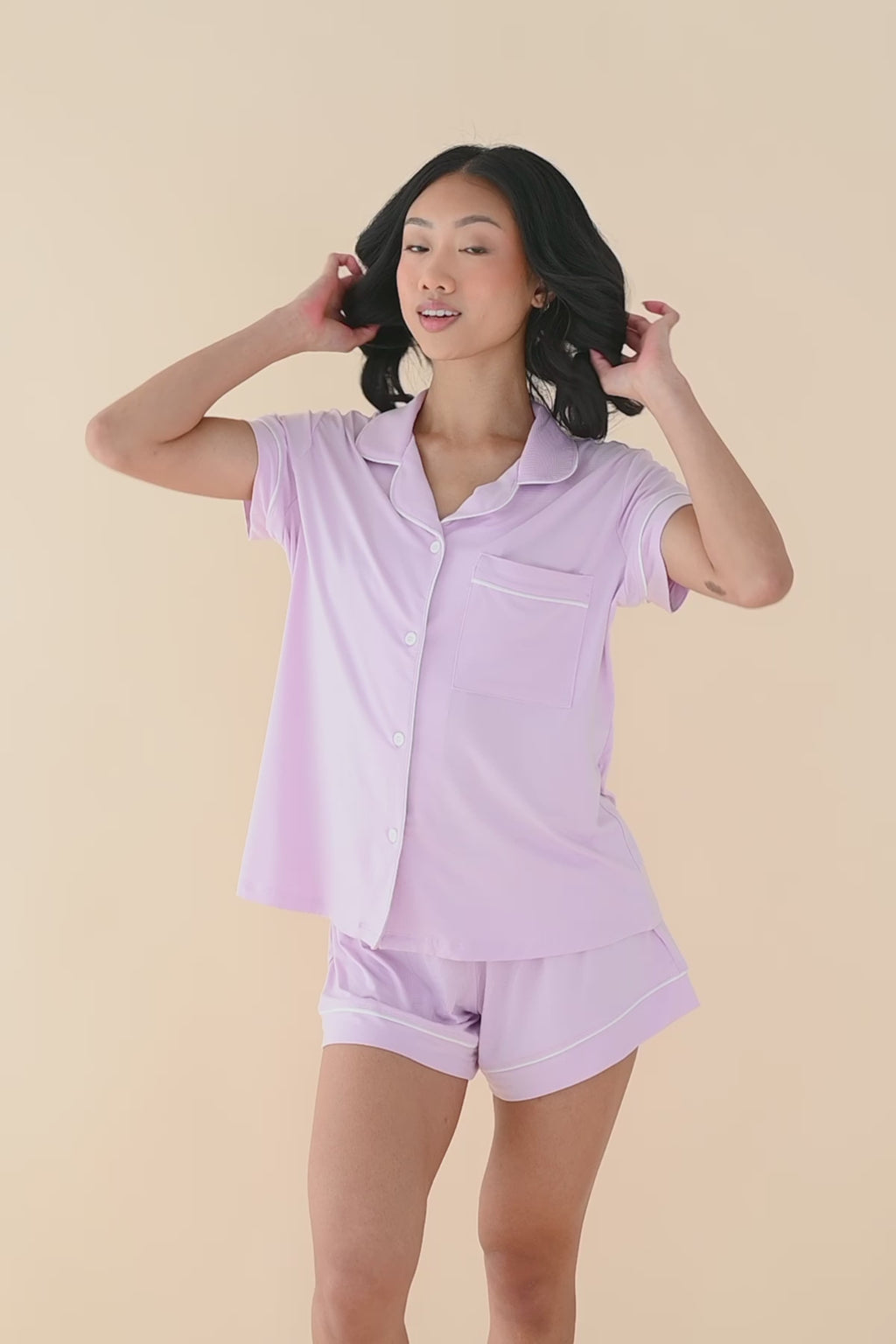 Video of female modeling the Women's Short Sleeve Pajama Set in Thistle