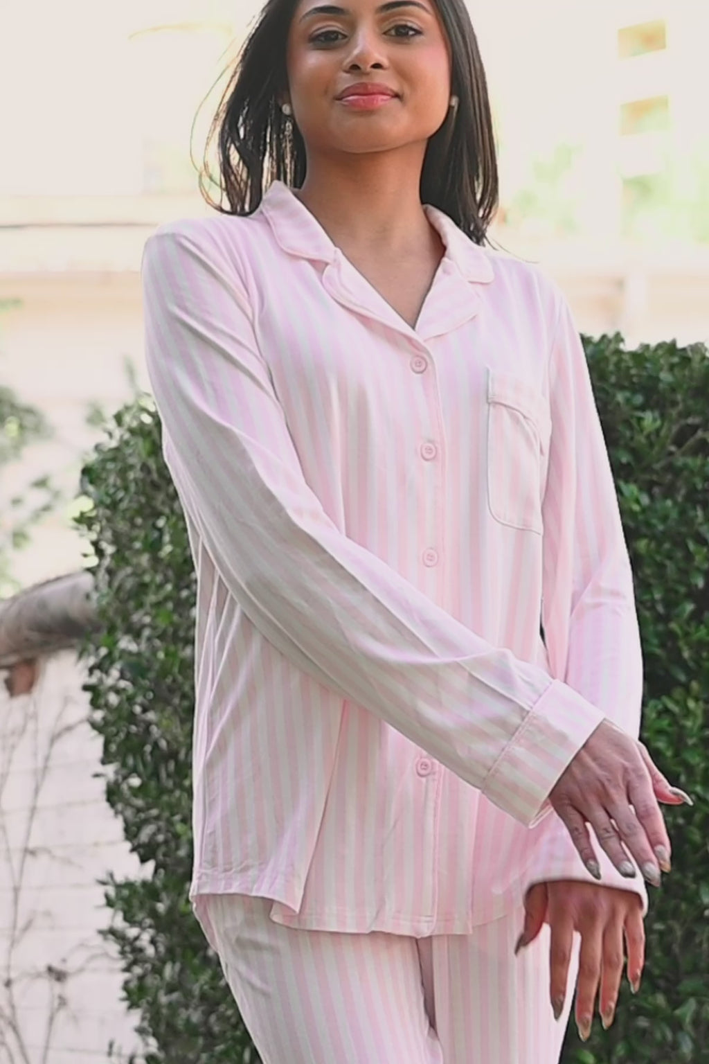 Video of woman modeling Long-Sleeved Women's Pajama Set in Small Sakura Stripe