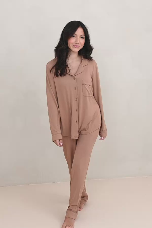 Video of female modeling the Long-Sleeved Women's Pajama Set in Latte with Latte Trim
