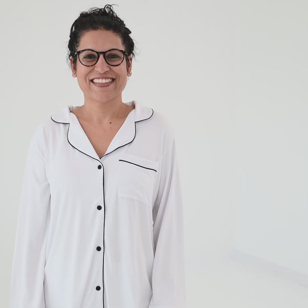Video of Woman wearing Women's Long Sleeve Pajama Set in Snow with Midnight Trim