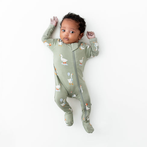 Infant wearing bamboo Zippered Footie in Silly Goose