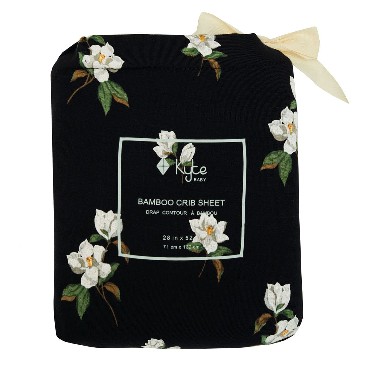 Small Midnight Magnolia pattern Kyte Baby standard Crib Sheet in bag