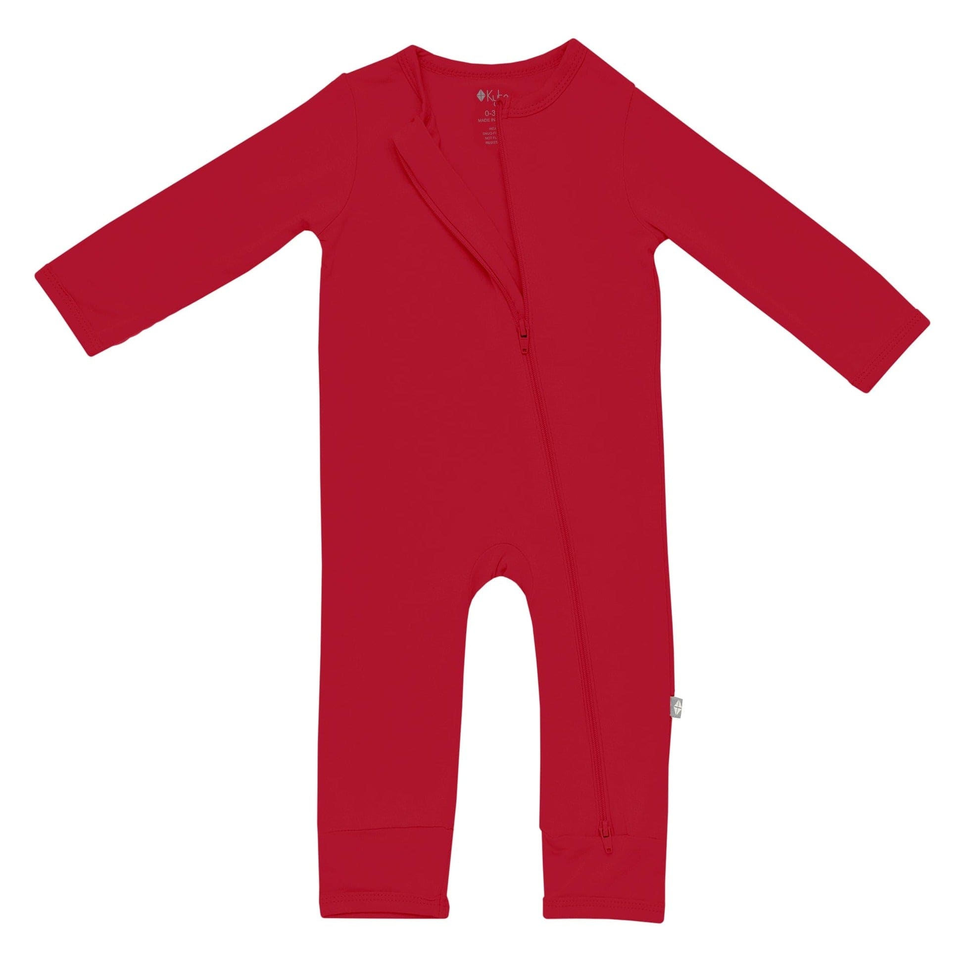 Dual zipper on Kyte Baby Zippered Romper in Cardinal