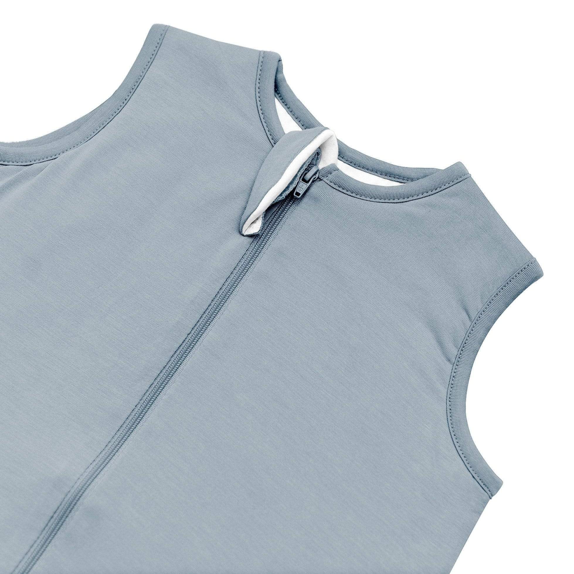 Close up of zipper garage on Kyte Baby Sleep Bag Walker in Fog 1.0