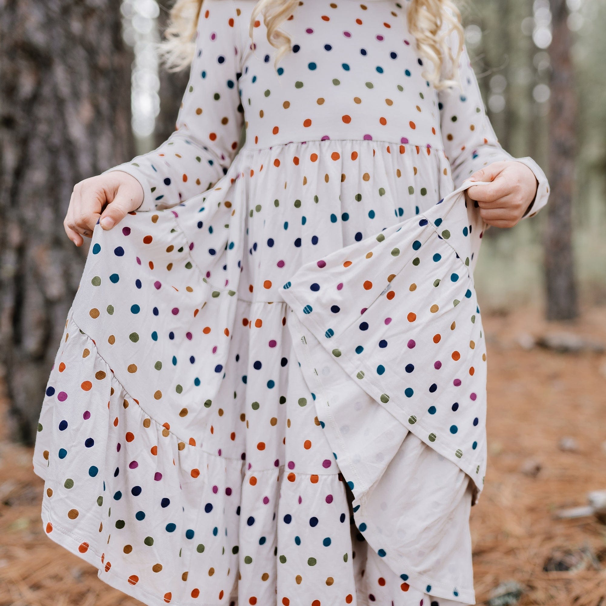Long Sleeve Tiered Dress in Oat Polka Dot
