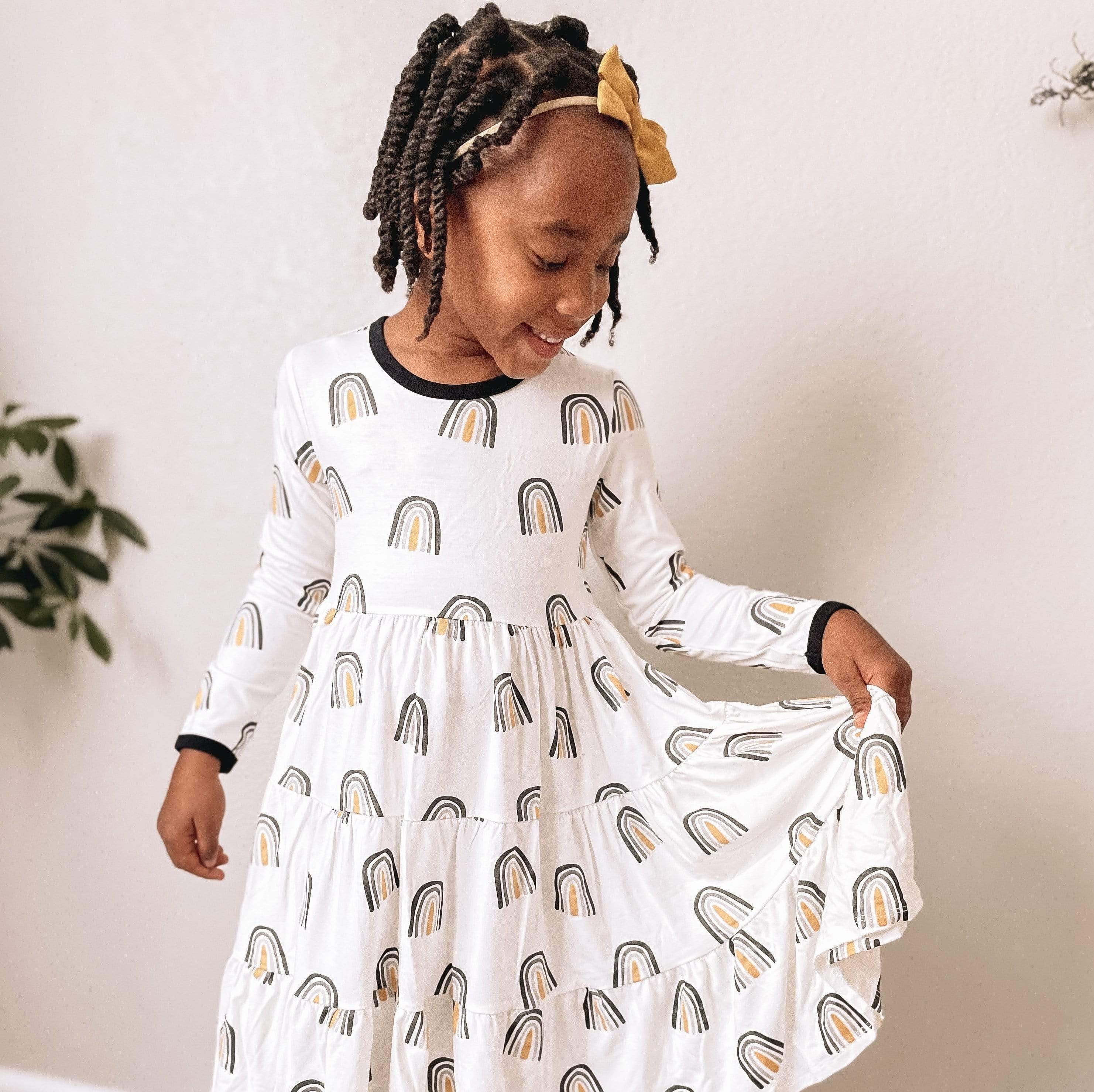 Kyte BABY Toddler Long Sleeve Tiered Dress Long Sleeve Printed Tiered Dress in Metallic Rainbow