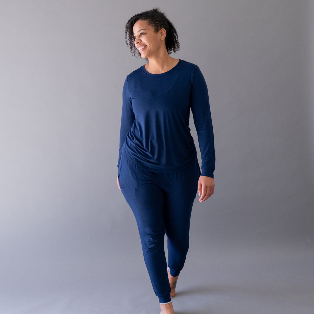 Women Modal Pajama Set Crew Neck &  Jogger Pants Navy Blue
