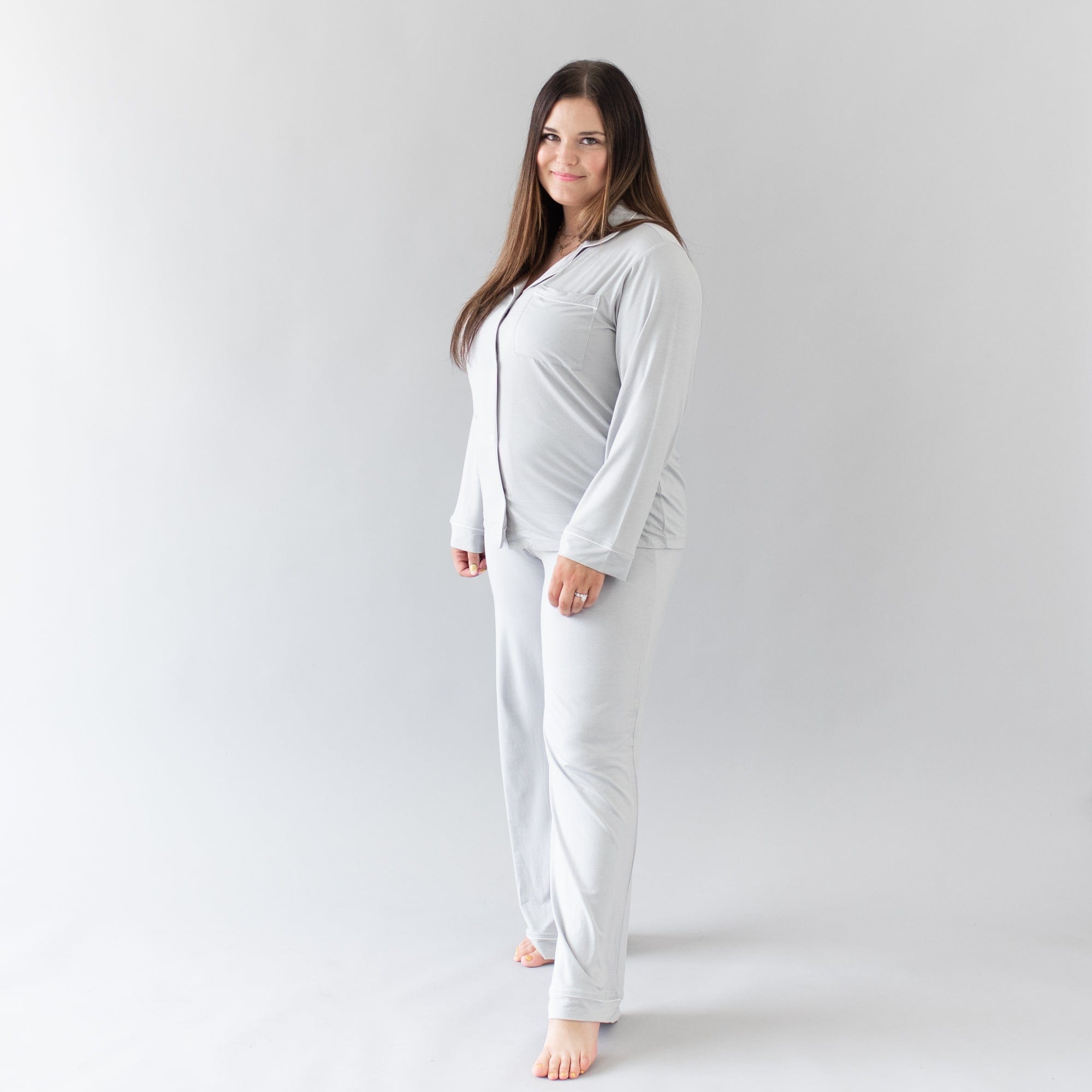 Woman wearing breathable bamboo Long Sleeve Pajama Set in Storm with Cloud Trim