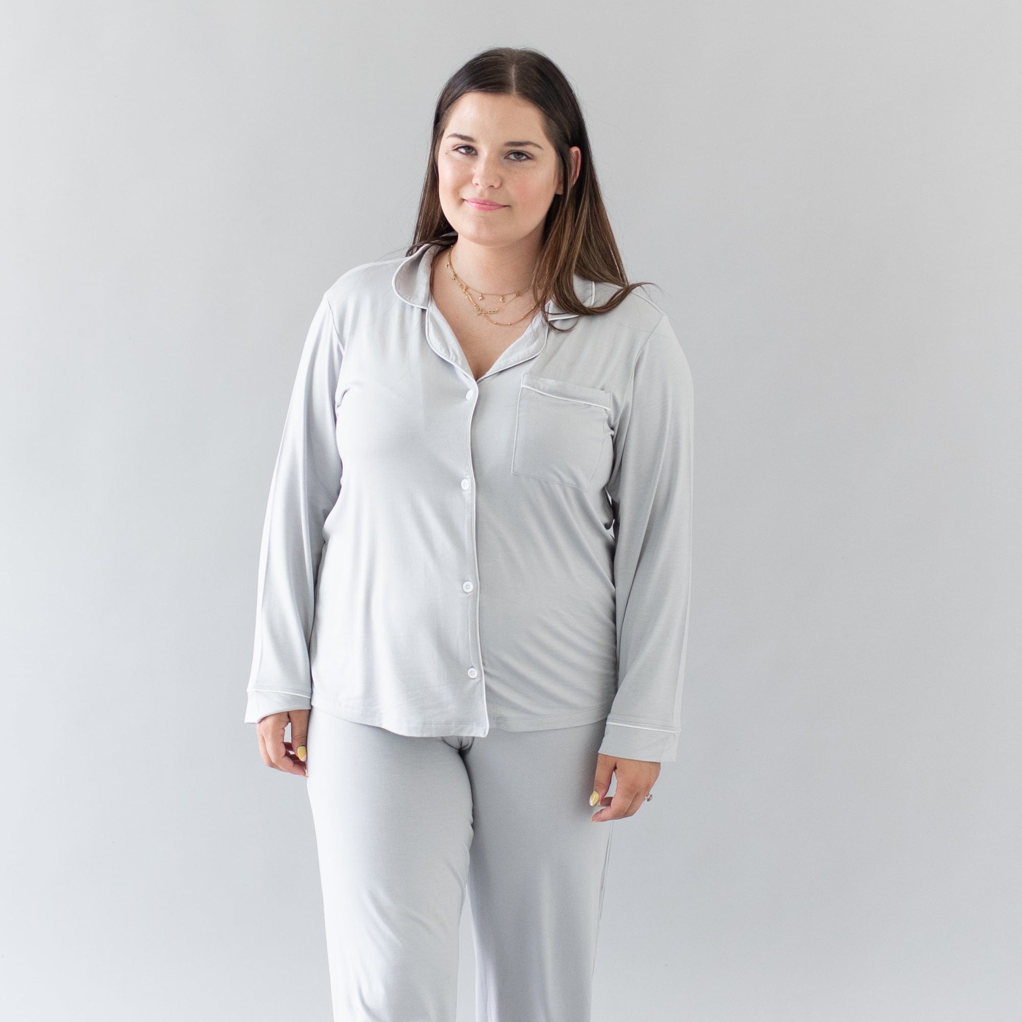 Woman wearing Women's Long Sleeve Pajama Set in Storm with Cloud Trim