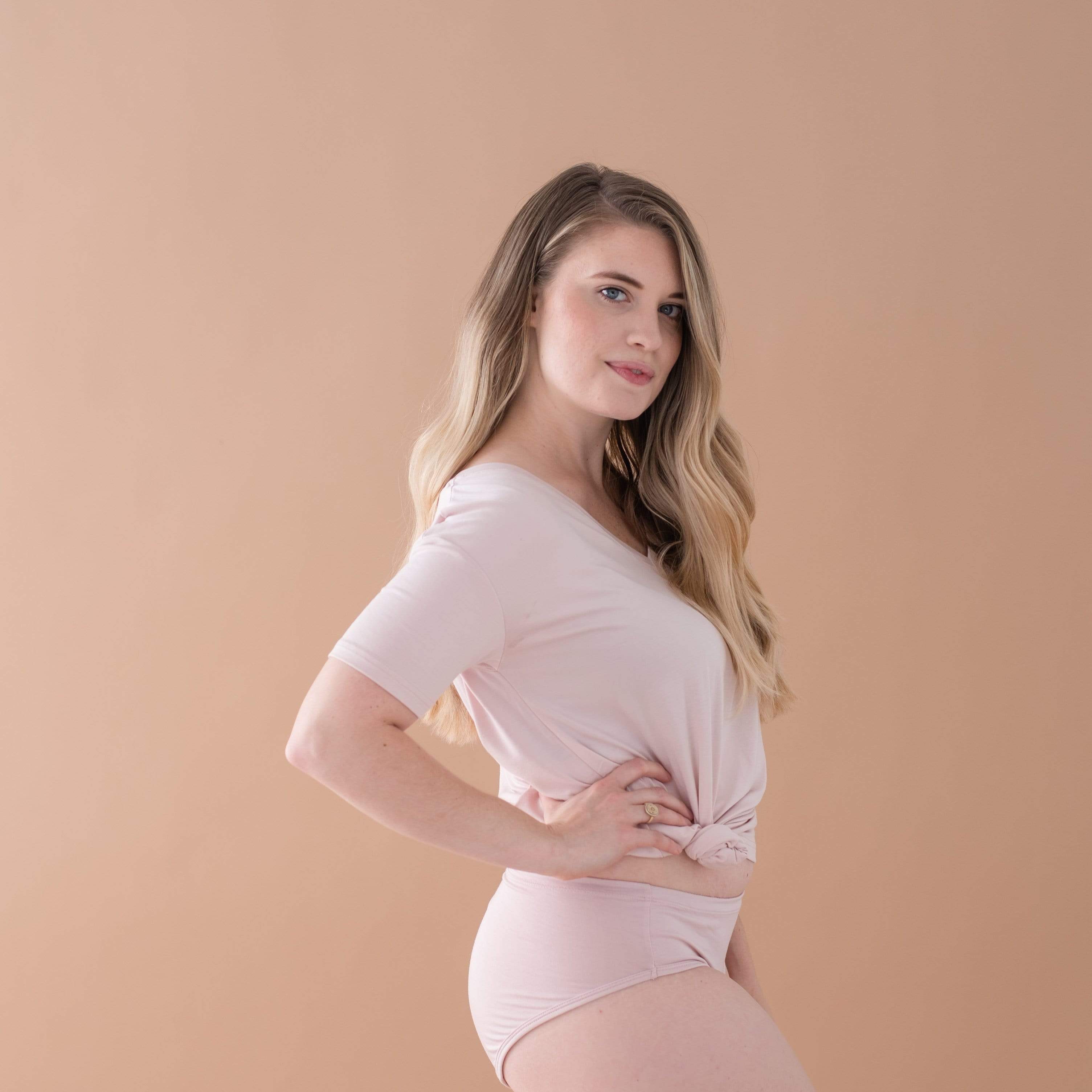Model wearing Kyte Baby Women's moisture-wicking Underwear in Blush