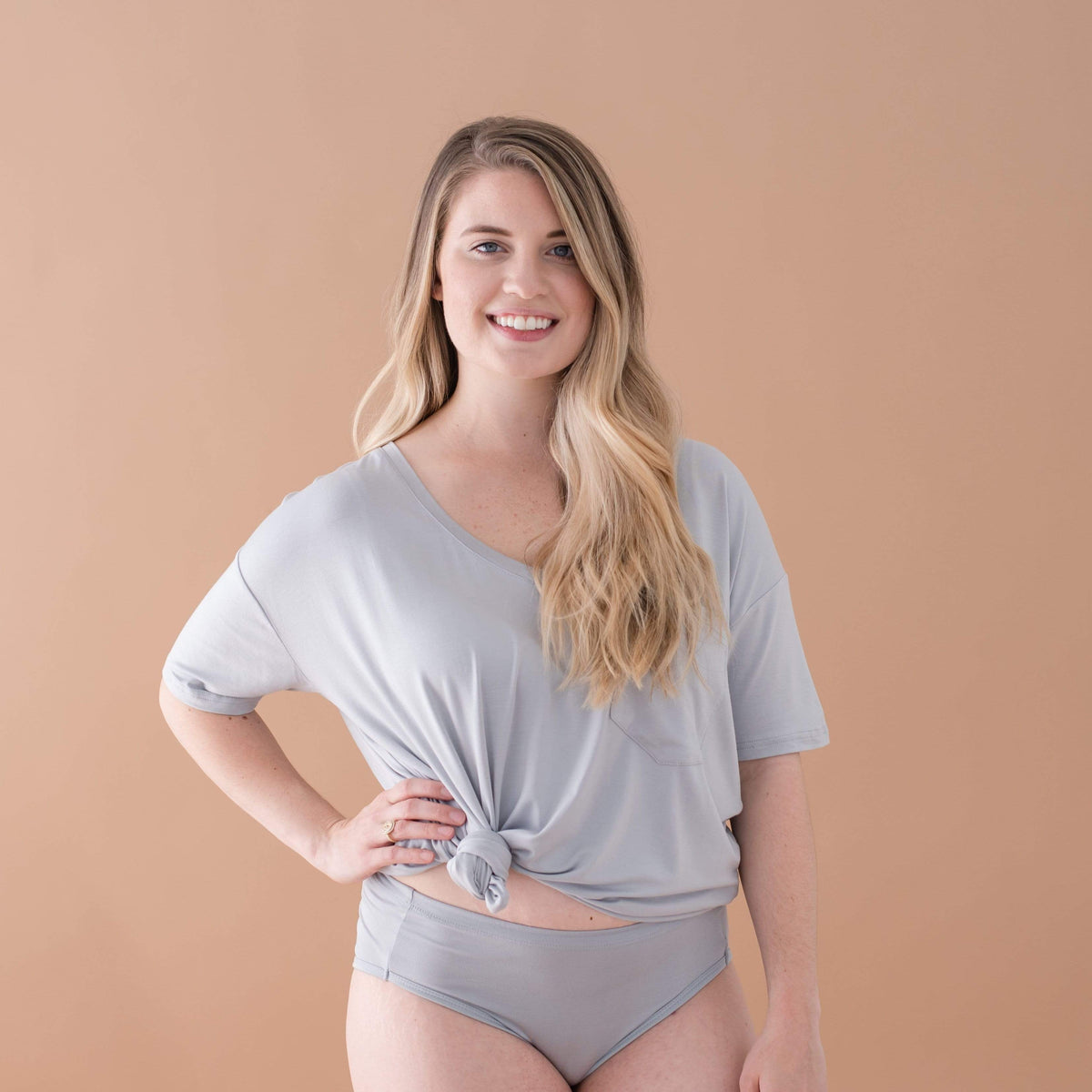 Model wearing Kyte Baby Women's moisture-wicking Underwear in Storm